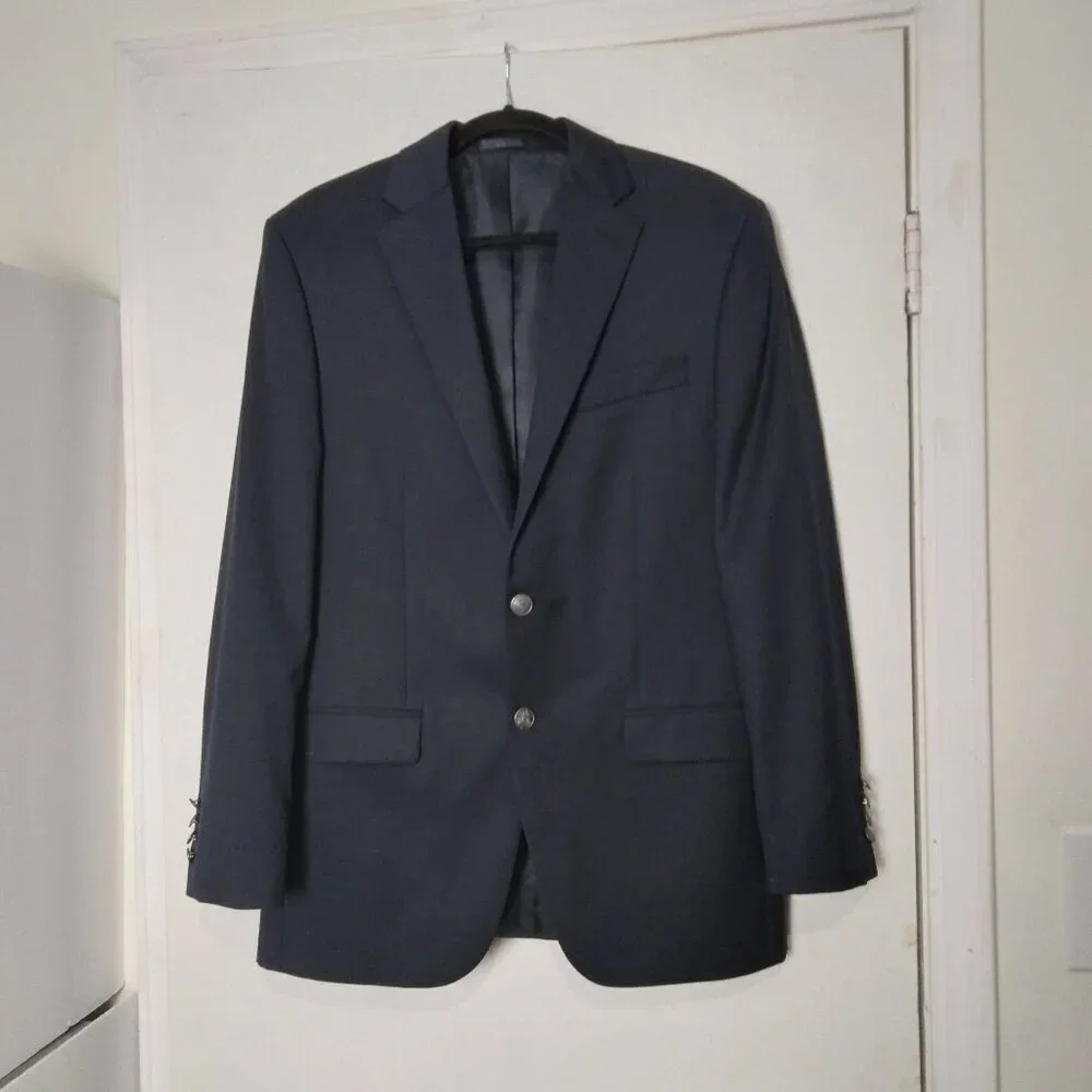 Navy Wool Blend Blazer Gun Metal Crest Buttons&Welted Flap Front Pockets Sz38 - Picture 1 of 9